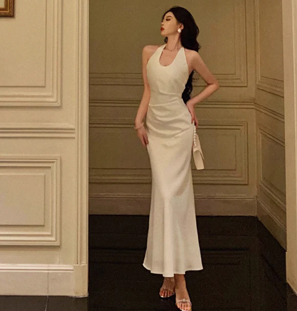 Sexy Mermaid Halter White Satin 18th Birthday Dress Ankle Length Party Birthday Outfits For Women DP0164 - Deanwangkt