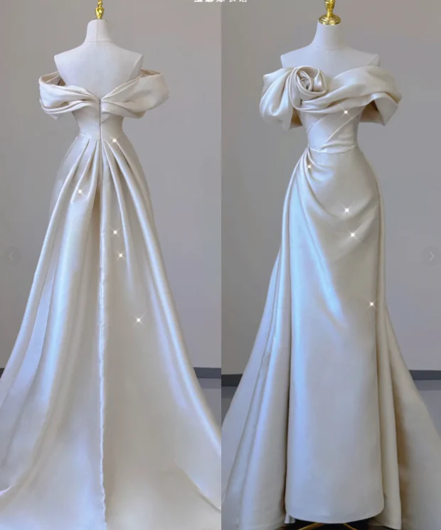Elegant Mermaid Off The Shoulder Satin Short Sleeves Wedding Dresses Brides Dress P0010 - Deanwangkt