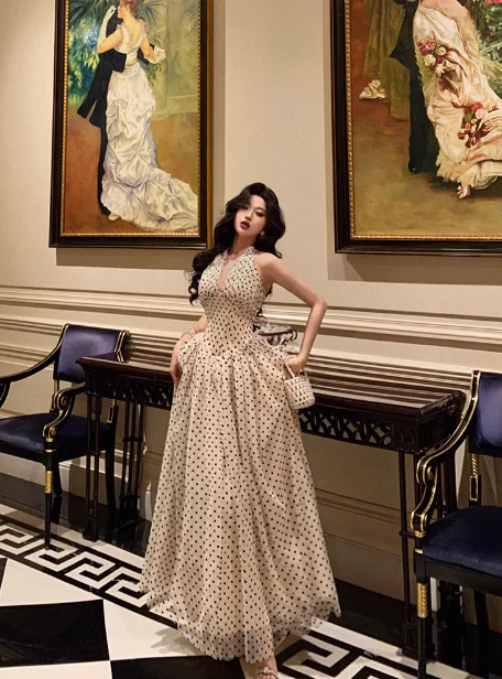 Sexy A line Halter Polka Dot Halter Neck 18th Birthday Dress Long Party Birthday Outfits For Women DP0160 - Deanwangkt