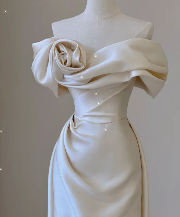 Elegant Mermaid Off The Shoulder Satin Short Sleeves Wedding Dresses Brides Dress P0010 - Deanwangkt