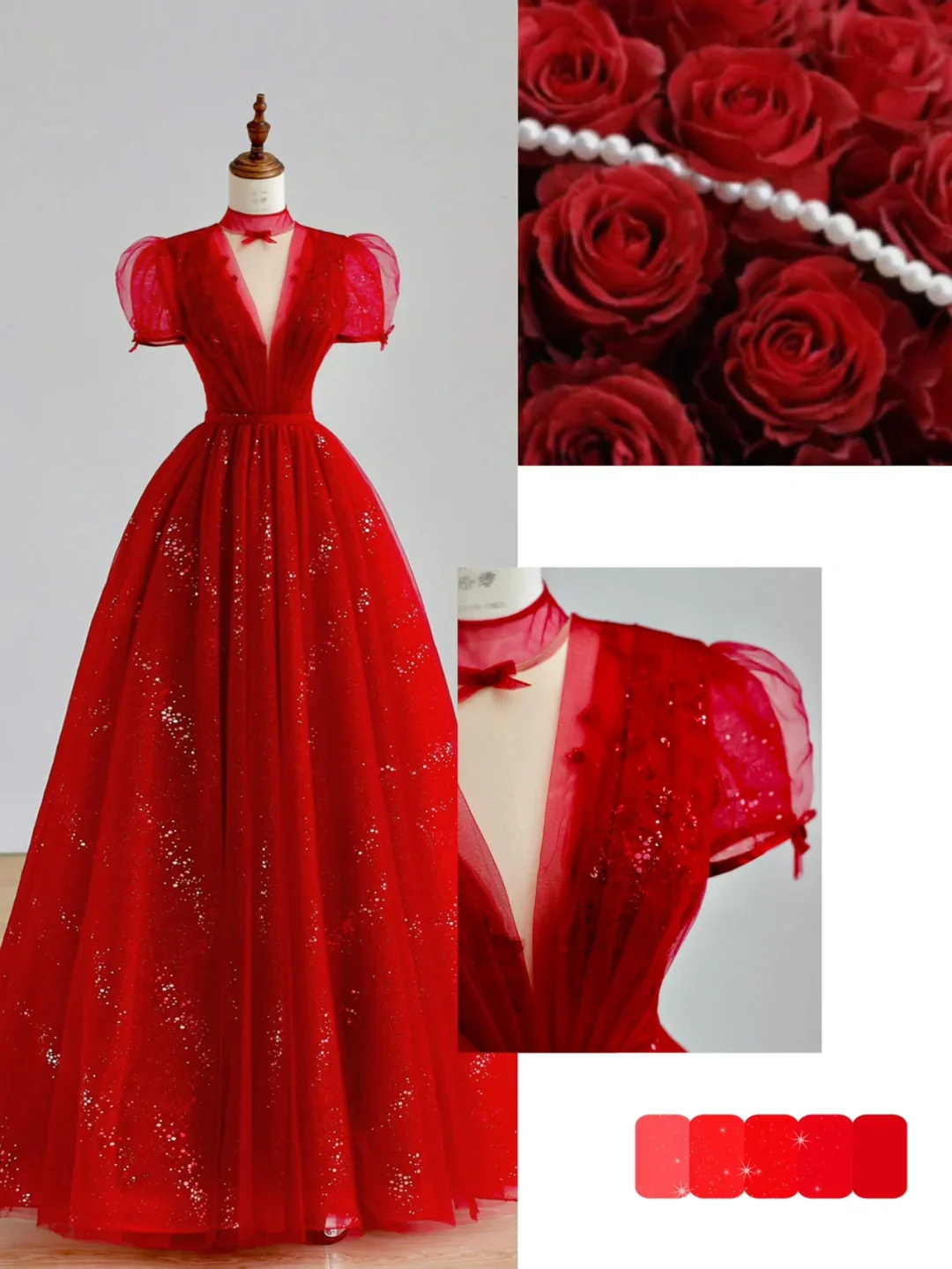Elegant Glamour Ball Gown V Neckline Short Sleeves Red Tulle Prom Dress Party Dress Long Evening Dresses DP1521 - Deanwangkt