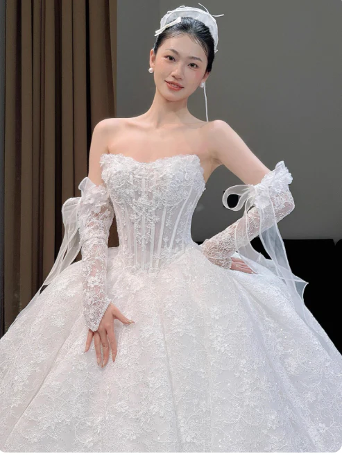 Modest Strapless A-Line Wedding Dresses Lace Beaded Applique White Bridal Gowns Sleeveless Bridal Dresses DP3297 - Deanwangkt