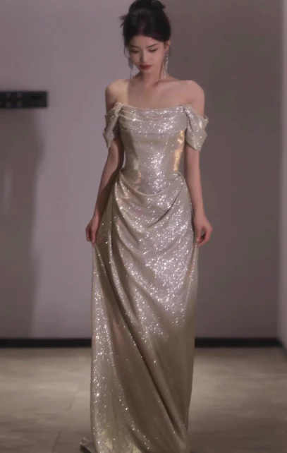 Modest Sheath Off-the-shoulder Long Evening Gowns Silver Glitter Special Formal Dresses Prom Dresses DP2776 - Deanwangkt