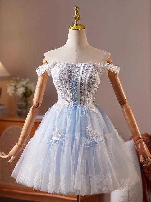 Glam Strap A-Line Tulle Lace Short Prom Dresses, Sky Blue Homecoming Dresses DP3136 - Deanwangkt