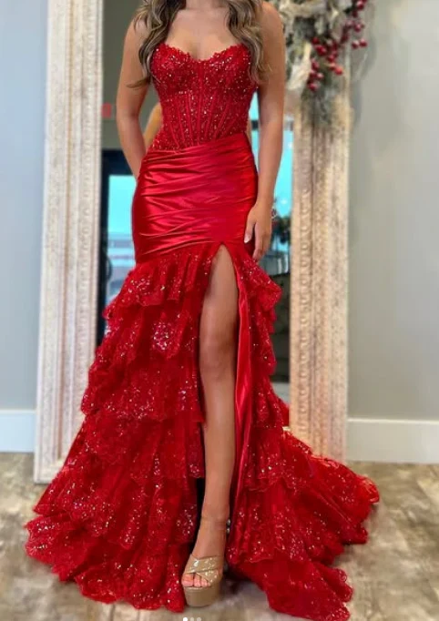 Classy Elegant Red Mermaid Long Prom Dress with Ruffle Skirt Wedding Guest Dress Prom Dresses DP262 - Deanwangkt
