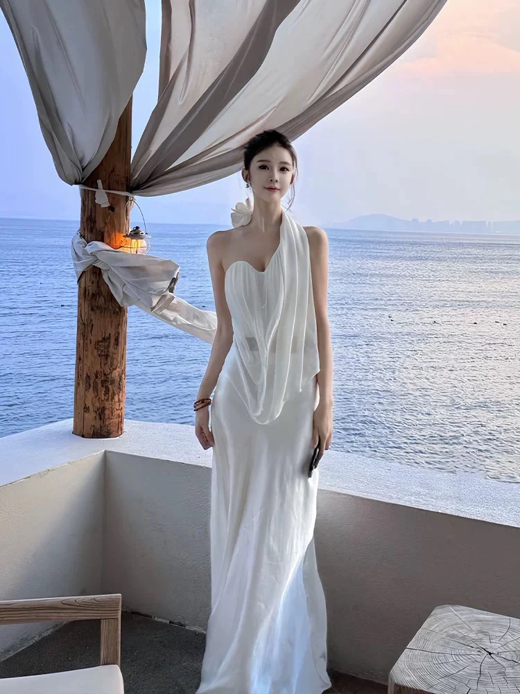 Vintage Wedding Dress Sheath One Shoulder White Summer Beach Long Wedding Dresses Bridal Gowns W0772 - Deanwangkt