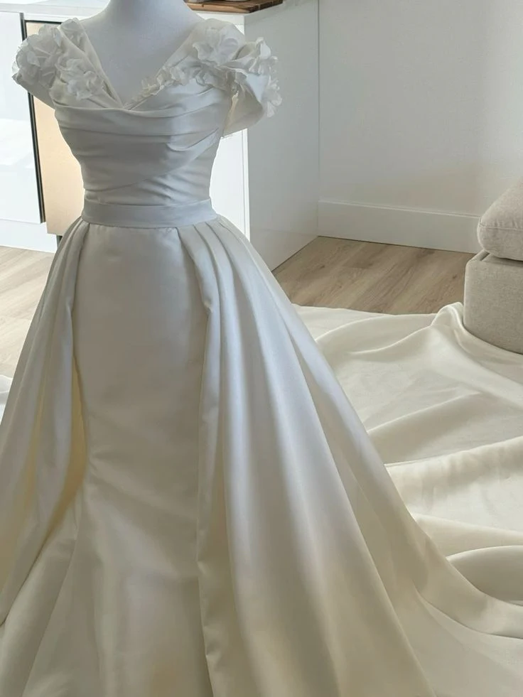 Classy Elegant Mermaid V Neck Short Sleeves Satin Wedding Dress With Ruffles Wedding Dresses Modest Wedding Gowns Brides Dress DH1416 - Deanwangkt