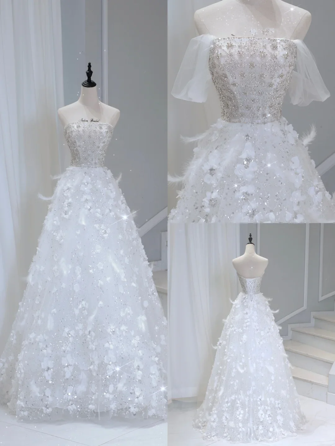 Timeless Bridal Gown Ball Gown Strapless Sequin Sleeveless Long White Wedding Dresses Elegant Bridal Gowns DH886 - Deanwangkt