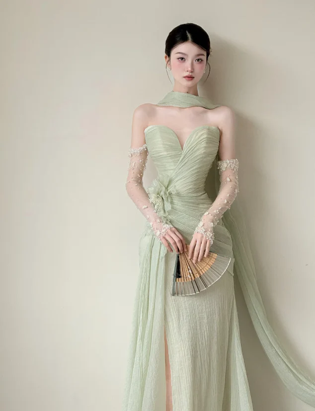 Elegant Sweetheart Sheath Chiffon Long Prom Dresses, Green Formal Evening Dresses DP3118 - Deanwangkt