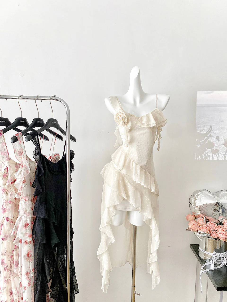 Sexy High Low Spaghetti Straps Floral Lace Summer Dress Holiday Party Outfits For Women DP0019 - Deanwangkt