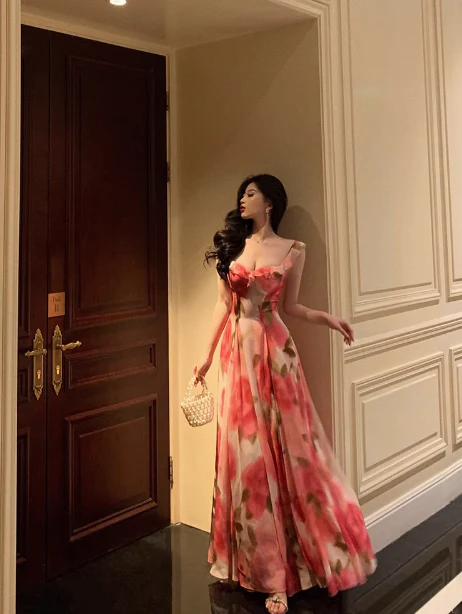 Classy A line Spaghetti Straps Pink Floral Sleeveless 18th Birthday Dress Party Gown Birthday Outfits Birthday Dress Ideas For Women DP554 - Deanwangkt