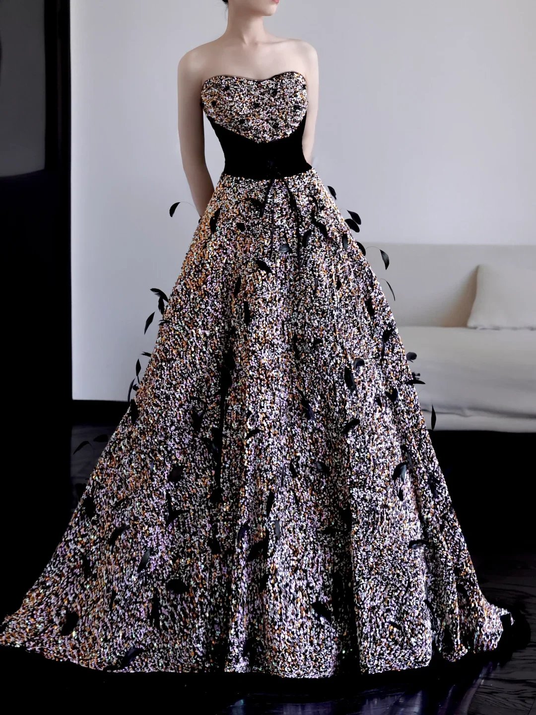 Gorgeous Ball Gown Strapless Black Sequin Long Prom Dresses Graduation Dresses DP669 - Deanwangkt
