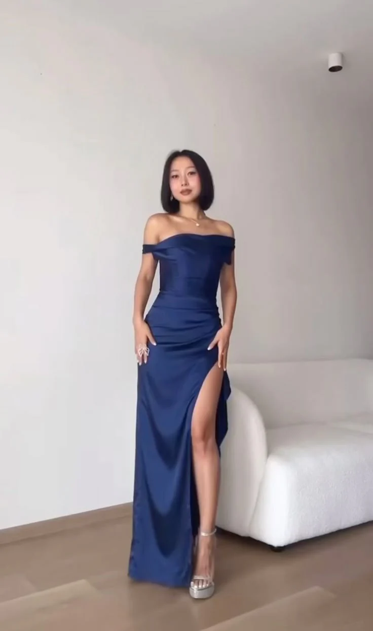 Pretty Mermaid Off The Shoulder Navy Blue Split Evening Party Dresses Formal Summer Wedding Guest Dresses Wedding Guest Outfits DP2144 - Deanwangkt