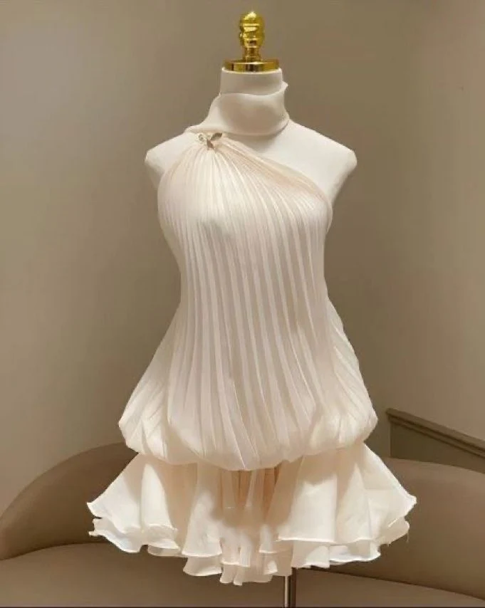 Pretty A line One Shoulder White Chiffon Formal Homecoming Dresses Short 21st Birthday Outfits Graduation Dress Mini Cocktail Dresses DH2451 - Deanwangkt