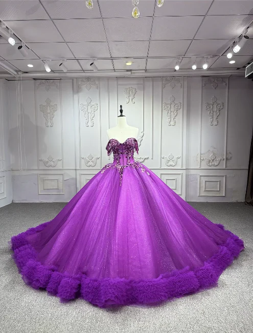Gorgeous Off-the-Shoulder Ball Gown Tulle Long Prom Dresses Beaded Purple Quinceanera Dresses Sweet 16 Dress DP3292 - Deanwangkt