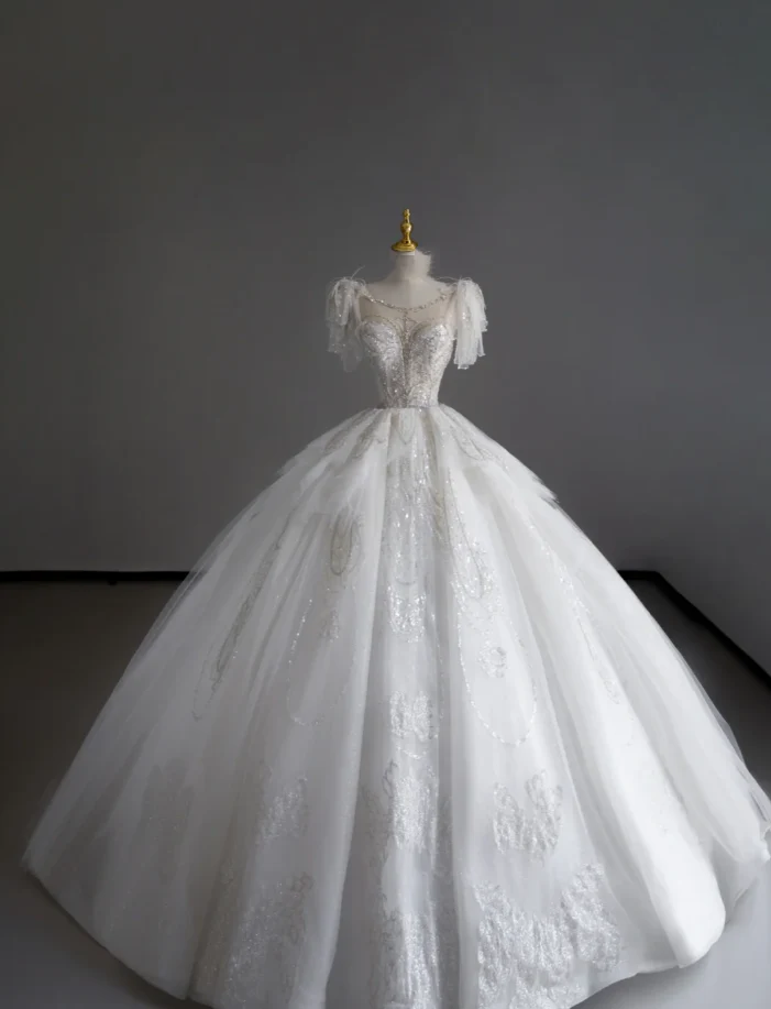 Timeless Ball Gown Scoop Short Sleeves Long Satin White Sweep Train Wedding Dresses Brides Dress DP507 - Deanwangkt