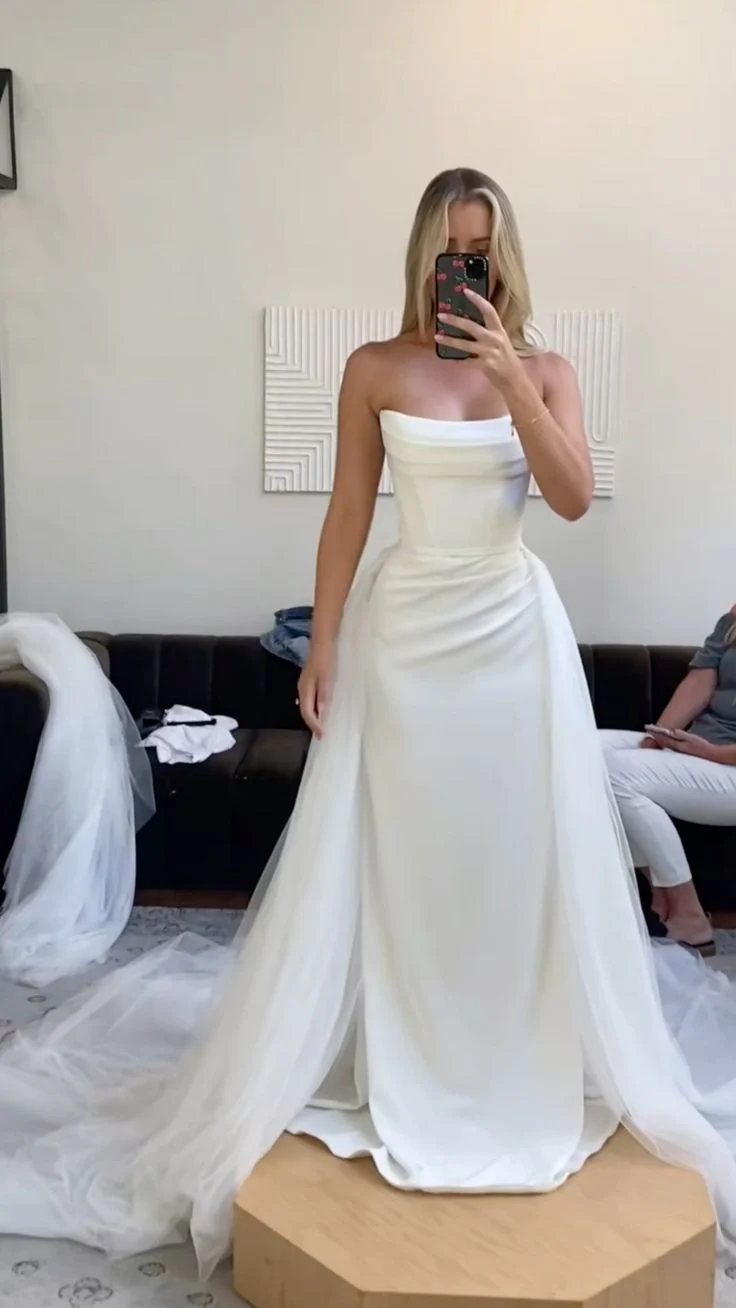 Vintage Bridal Gown Sheath Strapless White Satin Long Wedding Dresses Minimalist Bridal Gowns DP1213 - Deanwangkt