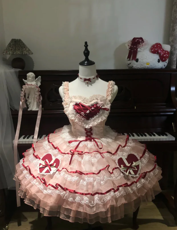 Sweet Spaghetti Strap Ball Gown Lace Tulle Birthday Dresses Red Lolita Dresses DP3057 - Deanwangkt