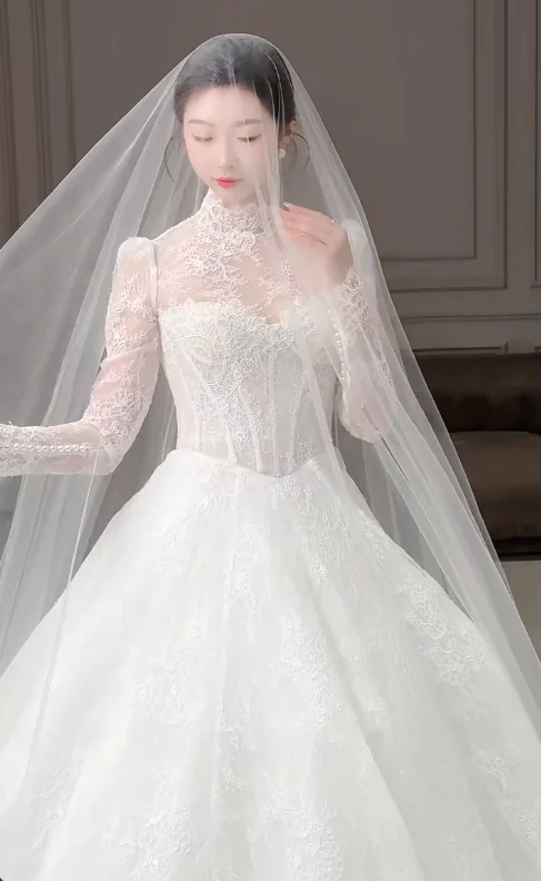 Modest Turtleneck Ball Gown Lace Applique Wedding Dress Elegant Long Sleeve Bridal Dress DP2968 - Deanwangkt