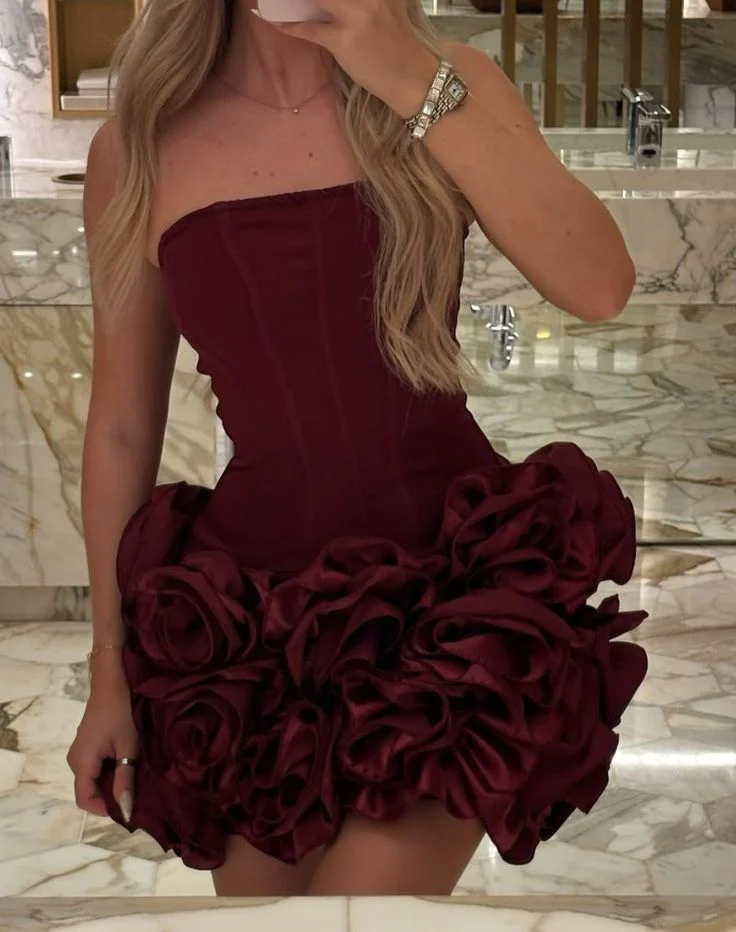 Pretty Sheath Strapless Burgundy Formal Homecoming Dresses Short 21st Birthday Outfits Graduation Dress Mini Cocktail Dresses DH2353 - Deanwangkt