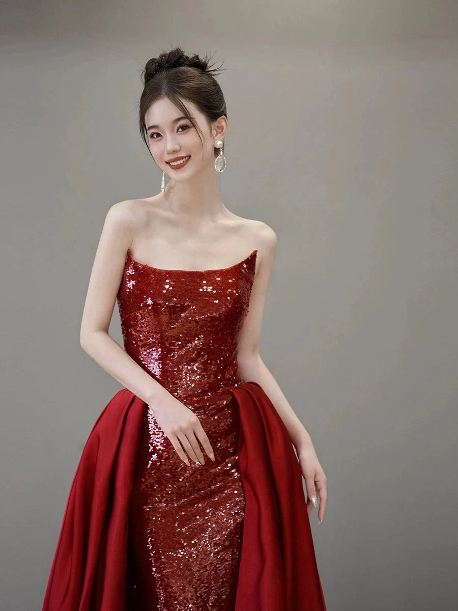 Classy Mermaid Strapless Red Sequin Long Evening Dress Long Prom Dresses H2879 - Deanwangkt