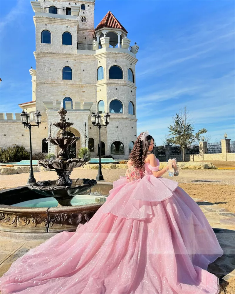 Pretty Ball Gown Off The Shoulder Pink Tulle Long Quinceanera Dress Formal Gowns Vestido De 15 Anos Sweet 16 Dress DH1841 - Deanwangkt