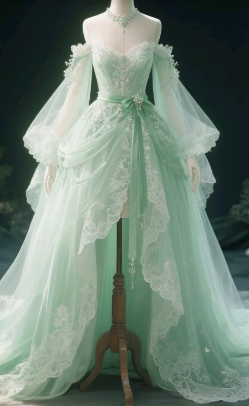 Sweet Off-the-shoulder Ball Gown Tulle Lace Long-sleeved Birthday Dress Green Lolita Dress DP03053 - Deanwangkt
