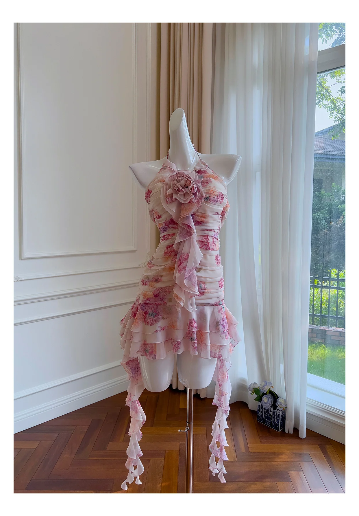 Pretty Sheath Halter Pink Floral Chiffon Short Formal Homecoming Dresses Middle School Short 21st Birthday Outfits Graduation Dress Mini Cocktail Dresses DH2289 - Deanwangkt