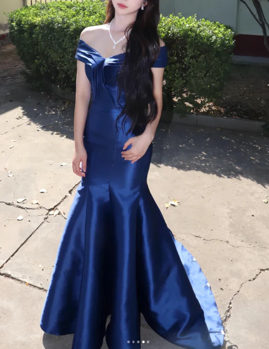 Elegant Off-Shoulder Mermaid Long Prom Dresses Satin Navy Blue Evening Dresses DP3803 - Deanwangkt