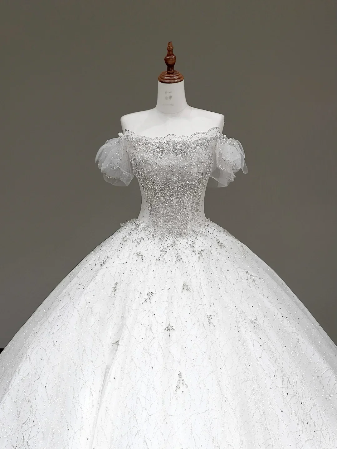 Classy Elegant Ball Gown Off The Shoulder Sequin White Short Sleeves Wedding Dress Brides Dress DP793 - Deanwangkt