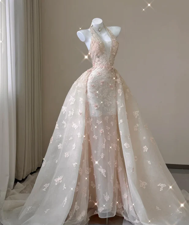 Classy Mermaid Halter Pink Lace Sleeveless Evening Dress Long Prom Dresses P0013 - Deanwangkt