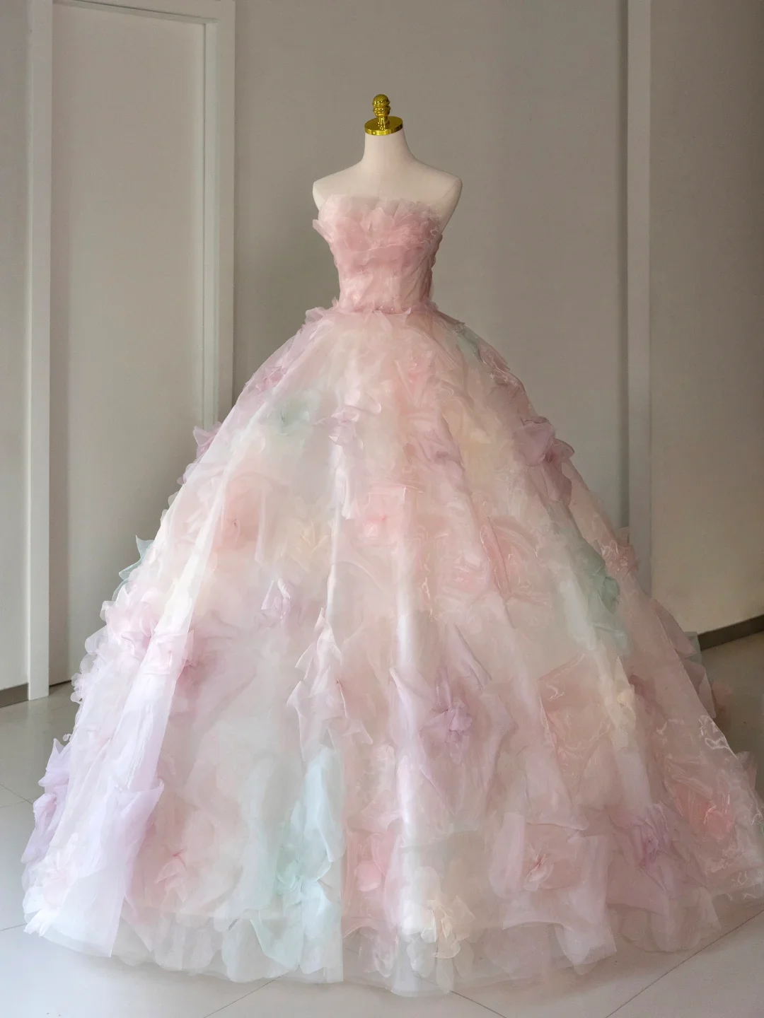 Pretty Ball Gown Strapless Pink Tulle Long Floral Quinceanera Dress Formal Gowns Sweet 17 Dresses Vestido De 15 Anos Sweet 16 Dress DH2071 - Deanwangkt