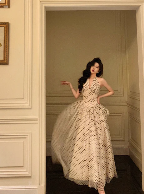 Sexy A line Halter Polka Dot Halter Neck 18th Birthday Dress Long Party Birthday Outfits For Women DP0160 - Deanwangkt