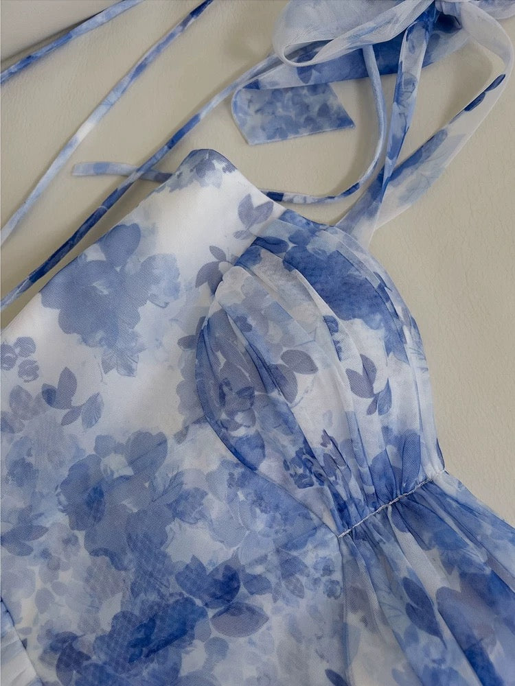 Elegant A line Straps Light Sky Blue Floral Chiffon Sleeveless Long Evening Party Gowns Evening Formal Dresses Prom Dress W951 - Deanwangkt