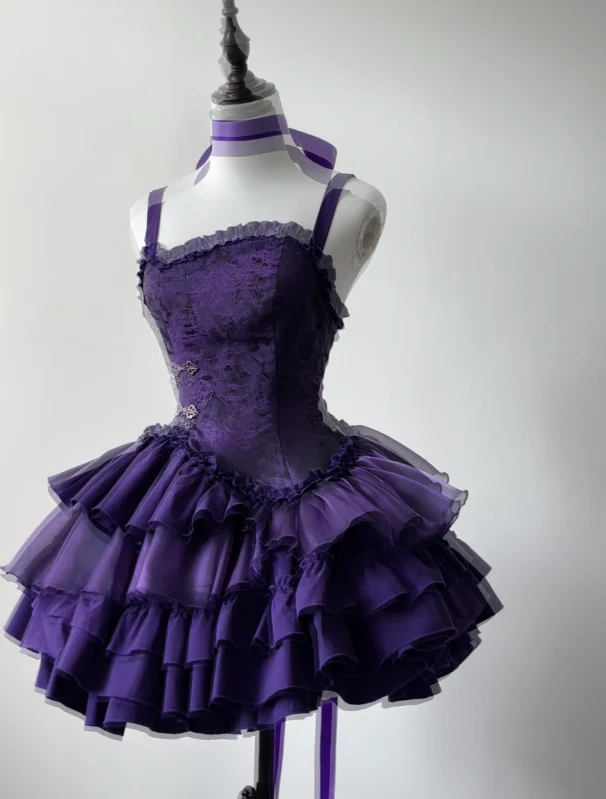 Cute Spaghetti Strap Ball Gown Tiered Chiffon Birthday Dresses Purple Lolita Dresses DP3680 - Deanwangkt