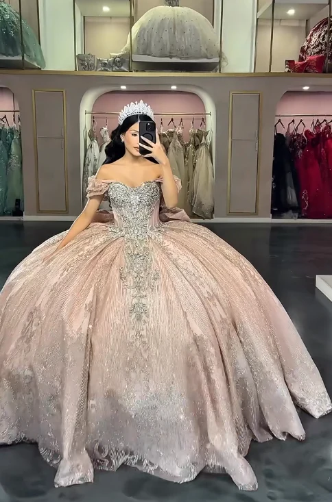 Fairy Off-the-shoulder Long Ball Gown Elegant Pink Quinceanera Dress Beaded Tulle Sweet 16 Dress DP2856 - Deanwangkt