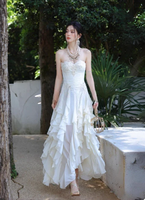 Sweet Sweetheart Neck Sheath Long Evening Dresses Chiffon Party Dresses White Birthday Dresses DP3307 - Deanwangkt