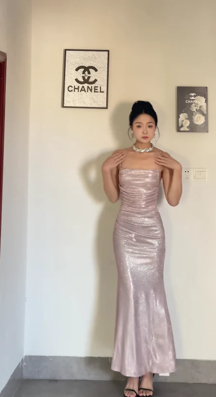 Glitter Mermaid Pink Long Prom Dresses Spaghetti Straps Satin Pink Wedding Guest Dresses DP04023 - Deanwangkt