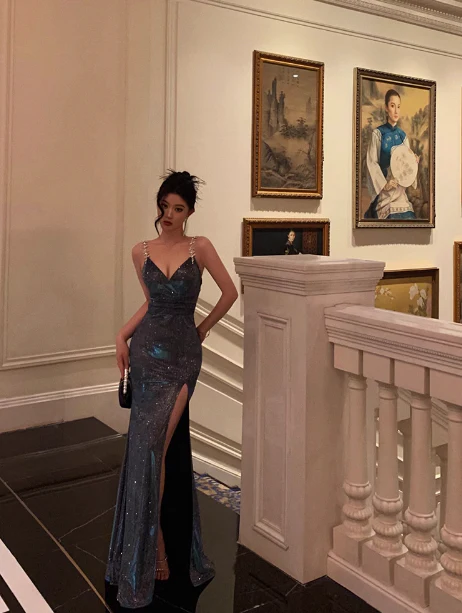 Elegant Glamour Sheath Straps Spaghetti Blue Sequin Slit Prom Gowns Party Dress Classy Gowns Evening Dresses DP1460 - Deanwangkt