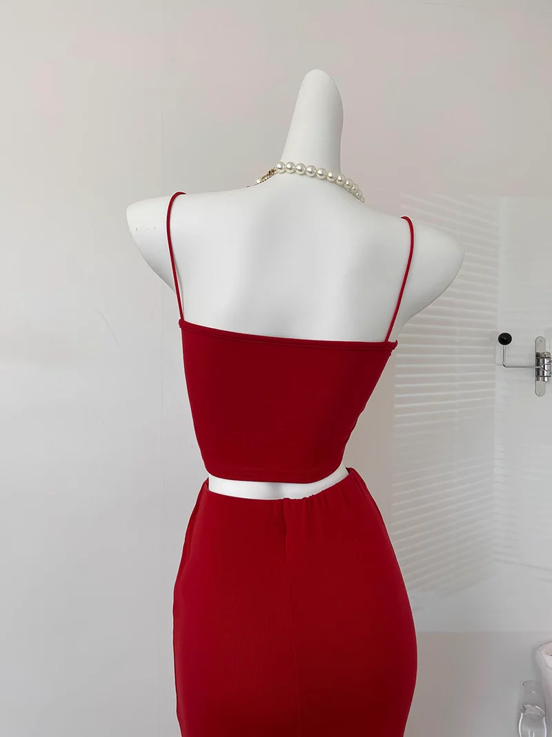 Cute Mermaid Spaghetti Straps 2 Pieces Red Long Summer Dress For Women DP0013 - Deanwangkt