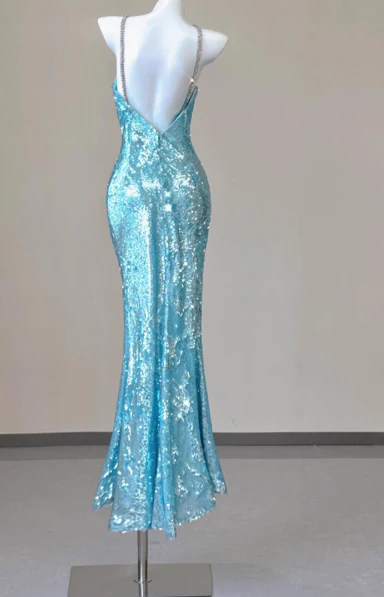 Sparkly Sequin Halter Blue Mermaid Evening Gowns Elegant Open Back Prom Dresses DH2710 - Deanwangkt