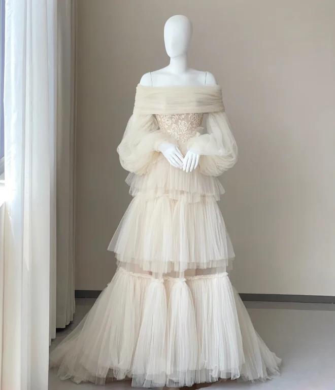 Timeless Ball Gown Off The Shoulder Long Sleeves Tulle Wedding Dresses Brides Dress DP442 - Deanwangkt