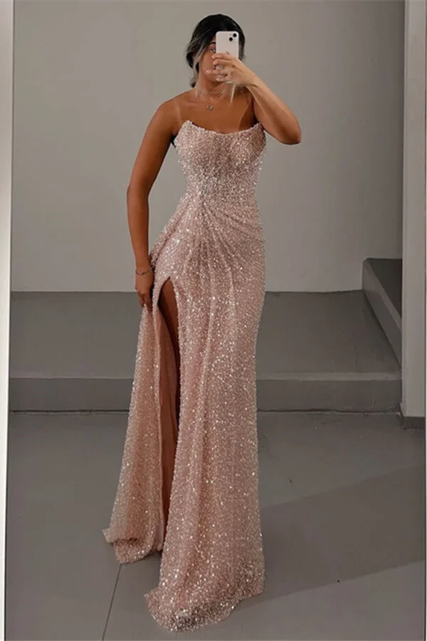 Classy Classic Strapless Sleeveless Mermaid Evening Gowns With Split Sequins Long formal Dress DP492 - Deanwangkt
