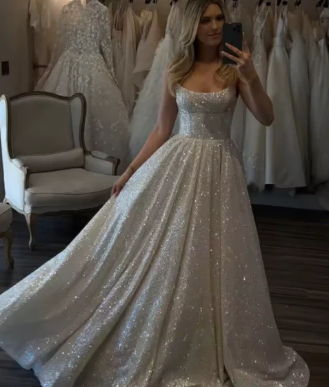 Unique Bridal Dress A line Spaghetti Straps White Sequin Long Wedding Dresses Simple Bride Dress Bridal Gowns DH1511 - Deanwangkt