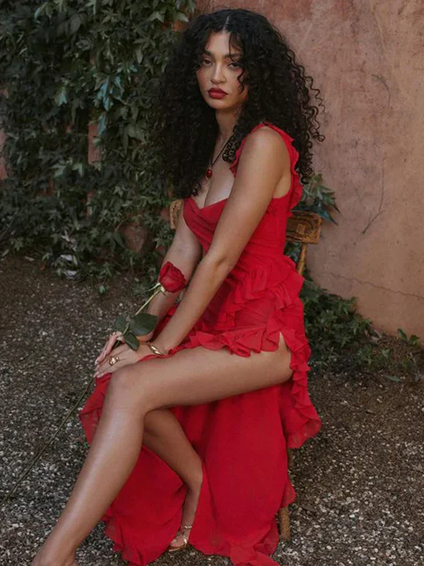 Gorgeous A line Square Neckline Grape Chiffon Slit Prom Dresses Formal Summer Wedding Guest Dresses Wedding Guest Outfits DP771 - Deanwangkt