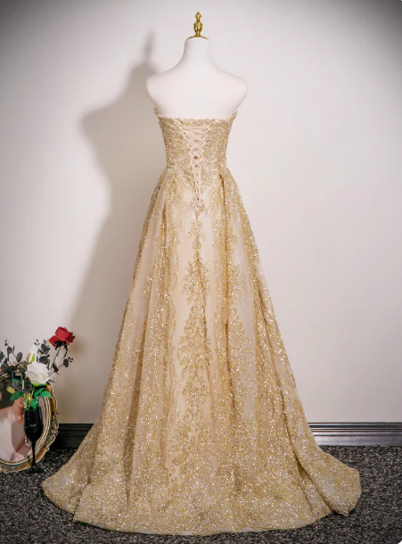 Gorgeous Strapless A-Line Long Evening Dresses Tulle Gold Prom Dresses DP3305 - Deanwangkt