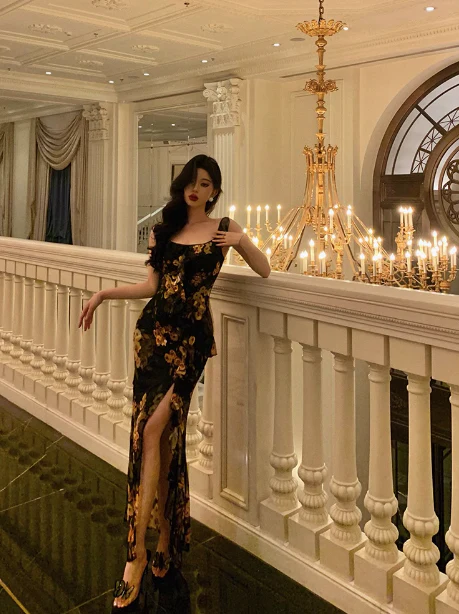 Elegant Mermaid Black Floral Chiffon 18th Birthday Dress Party Gown Birthday Outfits Birthday Dress Ideas For Women DP603 - Deanwangkt