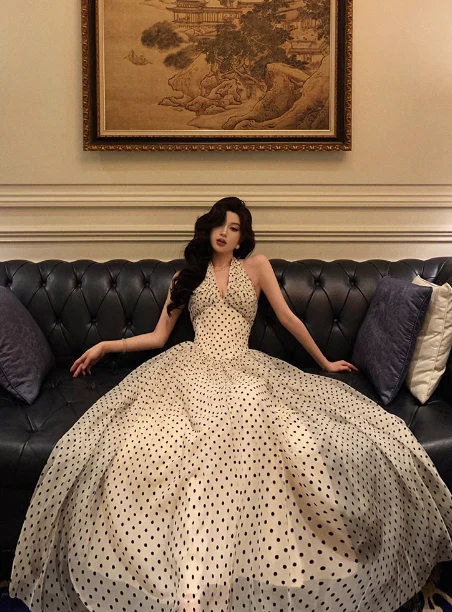 Sexy A line Halter Polka Dot Halter Neck 18th Birthday Dress Long Party Birthday Outfits For Women DP0160 - Deanwangkt