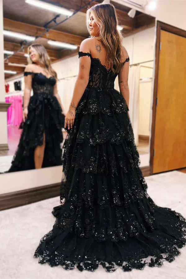 Pretty Off the Shoulder Black Tulle Appliques Off-the-Shoulder Ruffle Long Prom Dress Graduation Dress DP517 - Deanwangkt