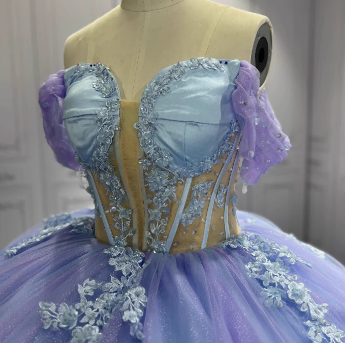 Gorgeous Purple Off-the-shoulder Tulle Long Ball Gown Appliques Sweet16th Birthday Dress Cute Quinceanera Dress DH2732 - Deanwangkt